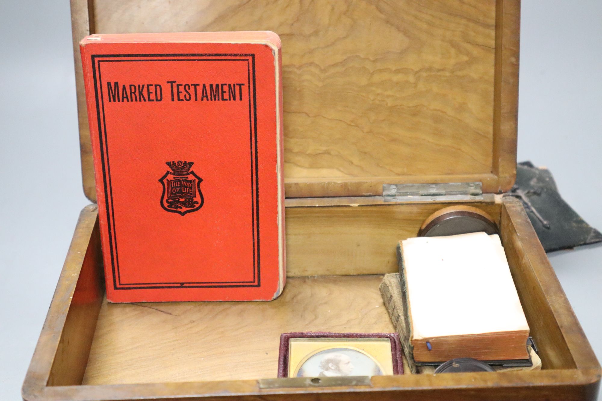 A 19th century French olive wood box, silver mounted bible, etc